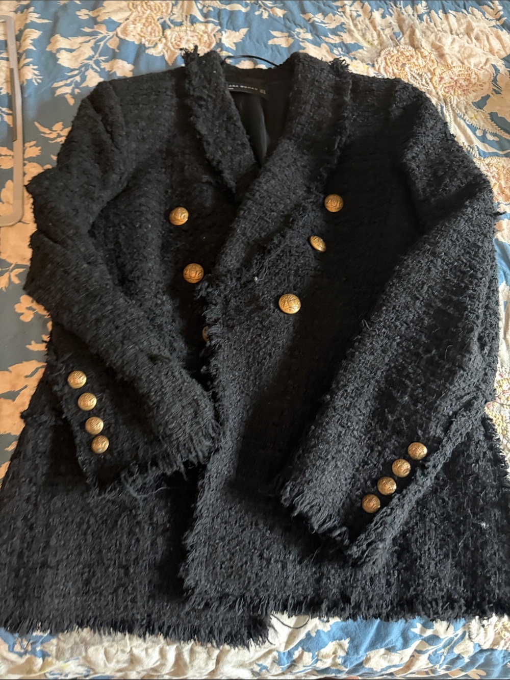 Zara Black Bouclé Double-Breasted Blazer with Gold Buttons